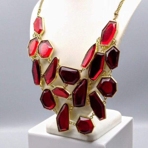 Vintage Oppulent Rich Red Party Necklace, Gold Tone Chain with Fantastic Bib of - Picture 1 of 3